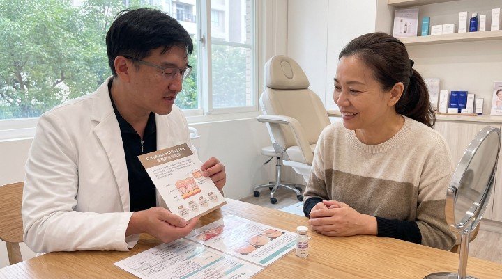 膠原蛋白增生劑作用原理示意圖 不同膠原蛋白增生劑品牌產品比較 增生劑注射部位與效果示意圖 術後保養與恢復過程圖示 患者諮詢醫師討論增生劑療程