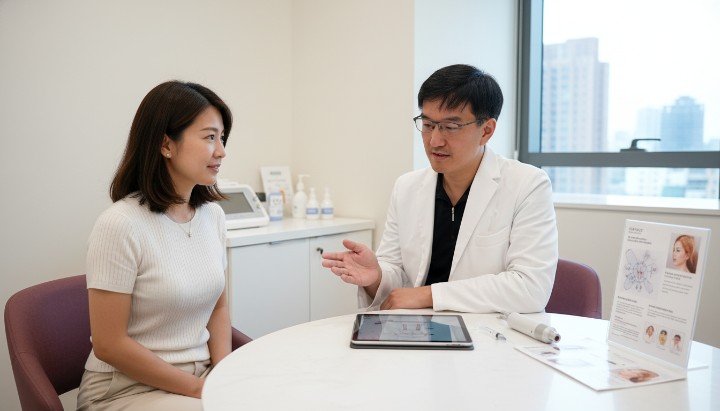 穿白袍的醫師向患者解說醫學美容微創流程 展示各類非侵入式的醫學美容微創先進儀器 女性在醫學美容微創療程後呈現自然的紅潤 萊攸診所明亮舒適的醫學美容微創諮詢空間