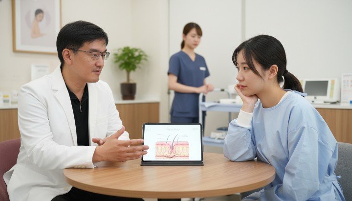 1. 專業儀器釋放藍光治療波長殺死細菌 2. 患者舒適體驗無痛藍光治療照光過程 3. 吳紹琥醫師解說藍光治療如何抑制痤瘡