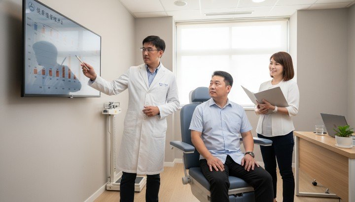 吳醫師分析患者報告中的減肥針體脂數據 顯示內臟脂肪顯著下降的減肥針體脂圖表 診所進行身體組成分析檢測減肥針體脂效果 專業醫療團隊解說如何優化減肥針體脂成效