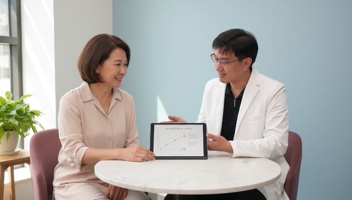 專業醫師正在諮詢減肥針半年效果 測量腰圍變化觀察減肥針半年效果 運動搭配療程提升減肥針半年效果 健康飲食計畫輔助減肥針半年效果