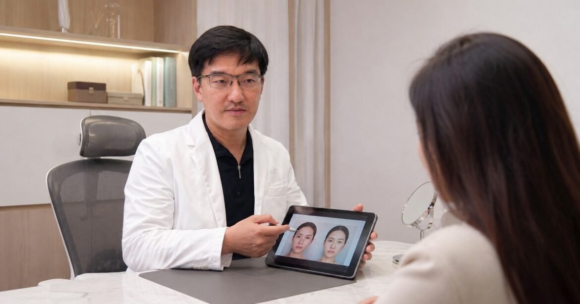 吳芮醫師在進行V臉療程的現場說明