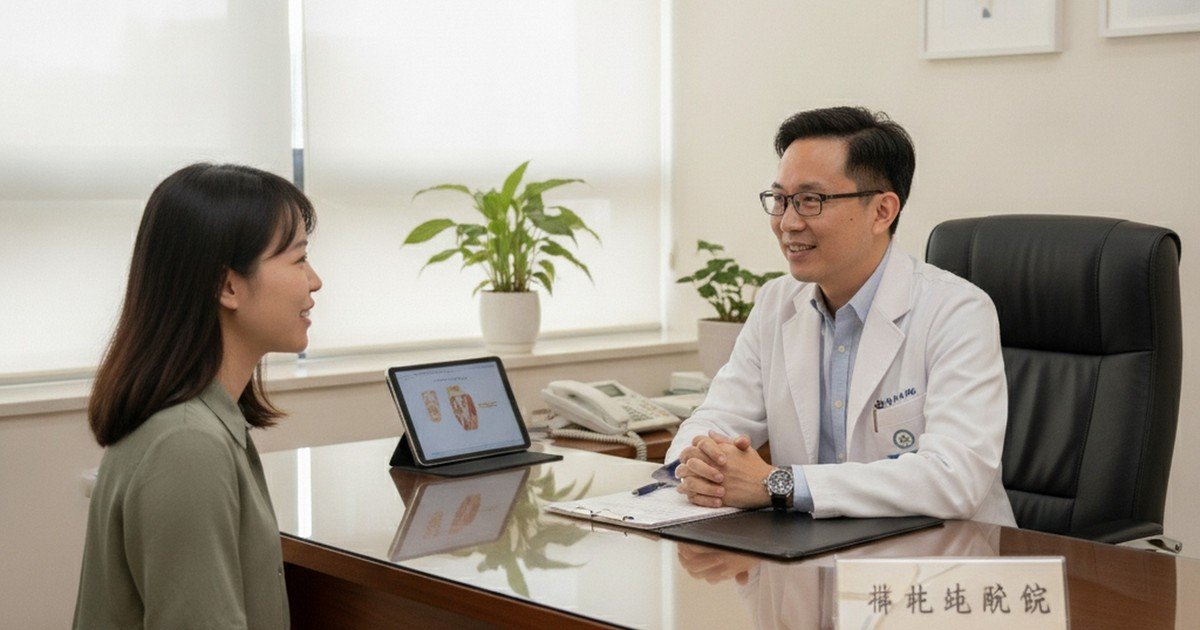在明亮舒適的診間中,吳芮醫師正專注地向顧客吳芮醫師介紹注意事項,解釋女王玻尿酸的療程細節。